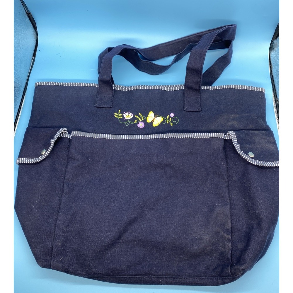 Large 15"X16" Blue Embroidered Floral‎ Tote Bag Shoulder Strap Cottage Core